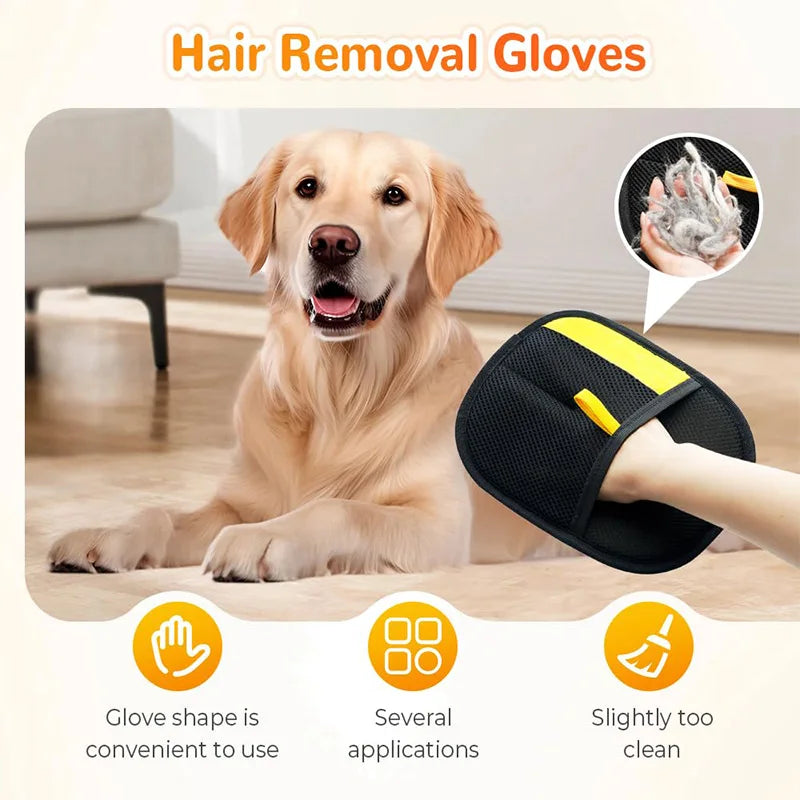 Dog with hair removal gloves and product features on a neutral background